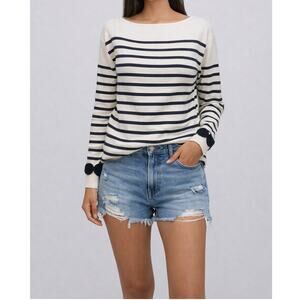 RHIE Striped Sweater Womens Small White Navy Cotton Wool Trim Classic Knit